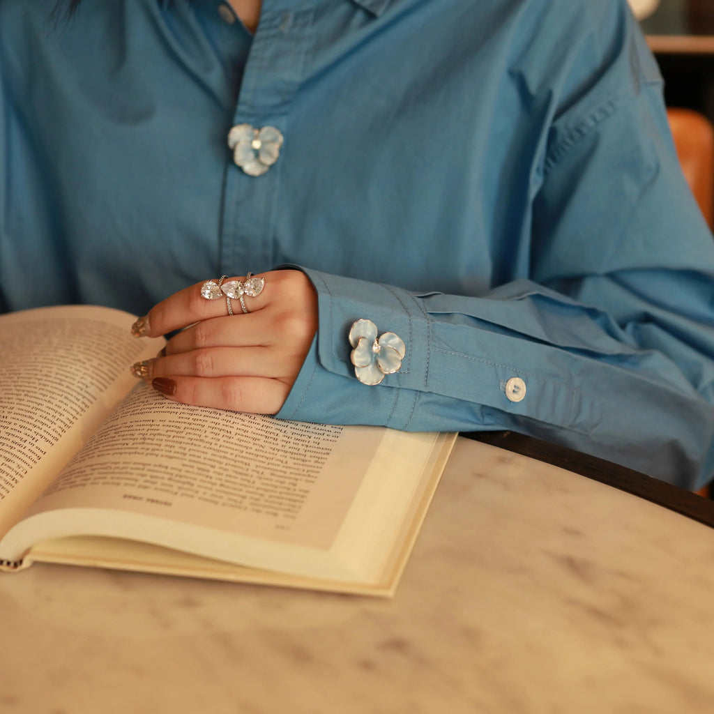 The Morning Mist Button Cover Set – Silver Enamel Bloom with Dewdrop Zirconia